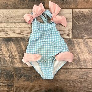 Sal and Pimenta Blue Gingham Swimsuit with Pink Bows